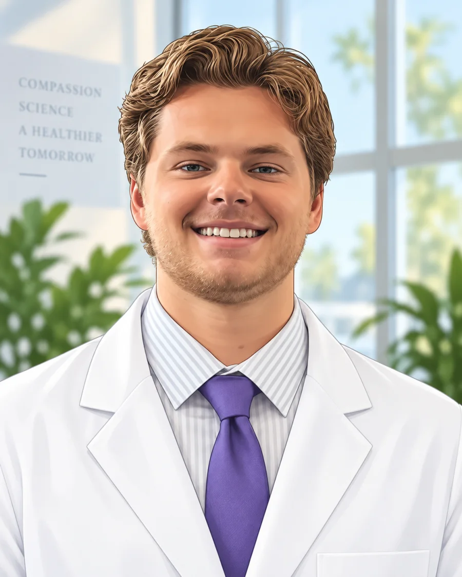 Dr. Carter Matteson smiling in a white clinic coat